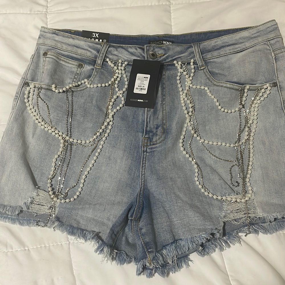 Fashion Nova Material Girl World embellished denim shorts